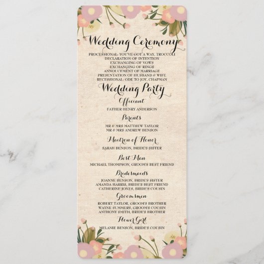 Chique rustieke Waterverf Floral bruiloft programm Programmakaart (Voorkant)