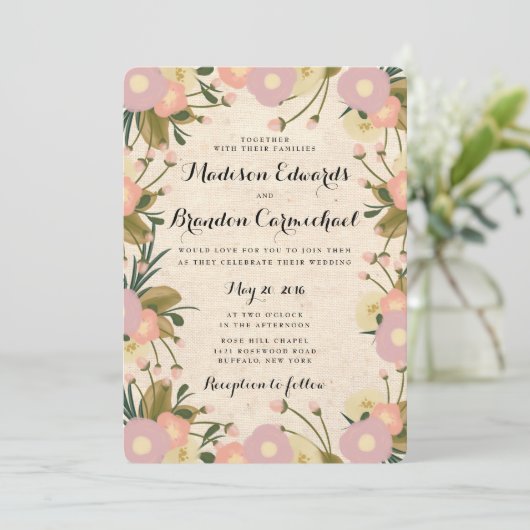 Chique rustieke Waterverf Floral Canvas Bruiloft Kaart (Staand voorkant)