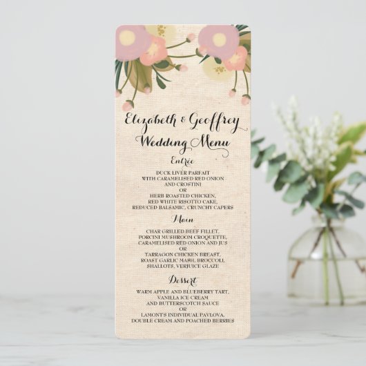 Chique rustieke Waterverf Floral Canvas Bruiloft M Menu (Staand voorkant)