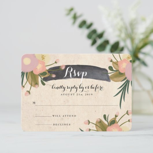 Chique rustieke Waterverf Floral Canvas Bruiloft R RSVP Kaartje (Staand voorkant)