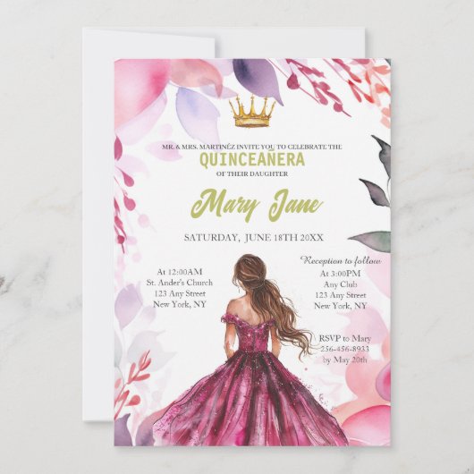 Chique Sage Baby Roze Bloemen Goud Quinceañera Kaart (Voorkant)