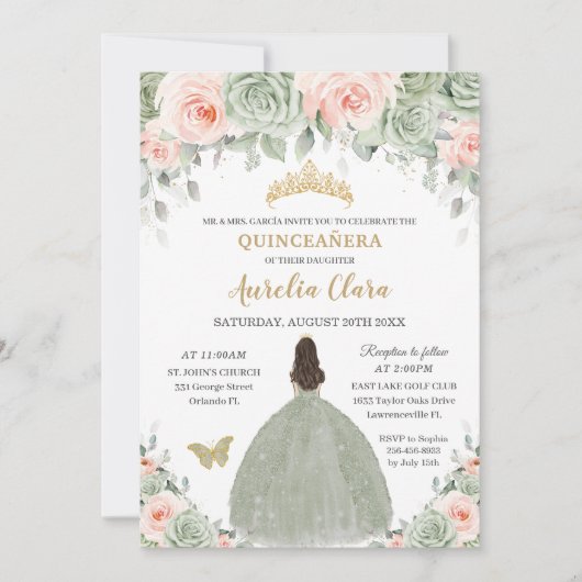 Chique Sage Groen Blush Bloemen Goud Quinceañera X Kaart (Voorkant)