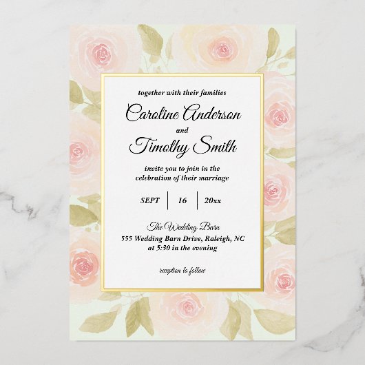 Chique Sage Groen en Roze Rose Waterverf Bruiloft Folie Uitnodiging (Voorkant)