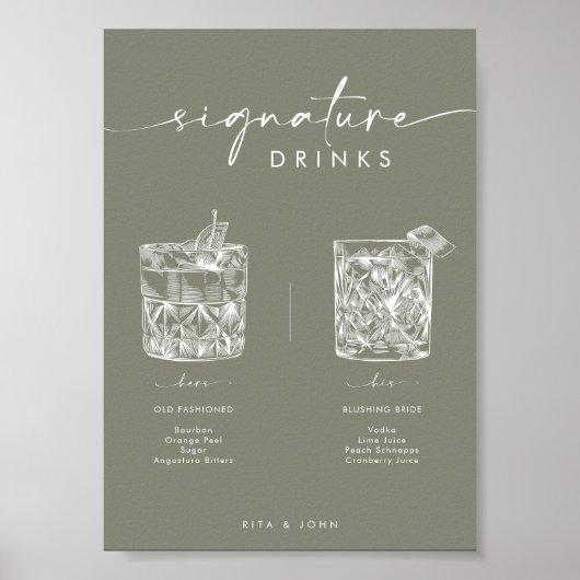 Chique Sage Groene Bar Handtekening Drinken Trouwb Poster (Voorkant)