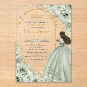 Chique Sage Groene Bloemen Rozen Prinses Quinceañe Acryl Uitnodigingen