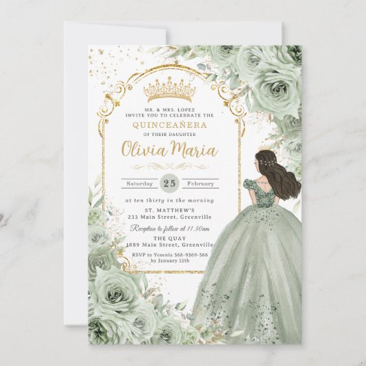 Chique Sage Groene Bloemen Rozen Prinses Quinceañe Kaart (Voorkant)