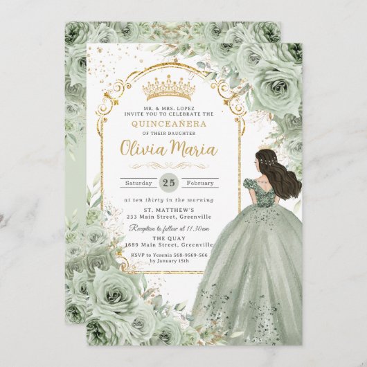 Chique Sage Groene Bloemen Rozen Prinses Quinceañe Kaart (Voorkant / Achterkant)