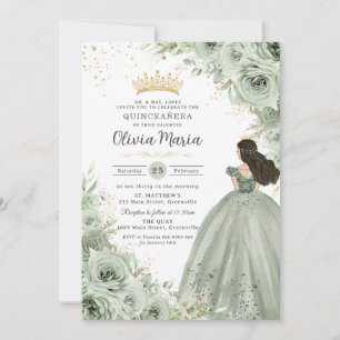 Chique Sage Groene Bloemen Rozen Prinses Quinceañe Kaart