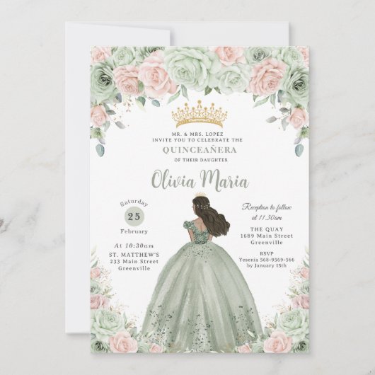 Chique Sage Groene Blush Bloemen Prinses Quinceañe Kaart (Voorkant)