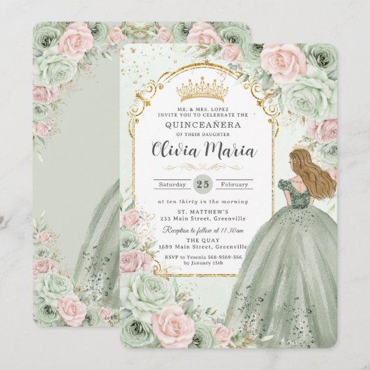 Chique Sage Groene Blush Bloemen Prinses Quinceañe Kaart (Voorkant / Achterkant)