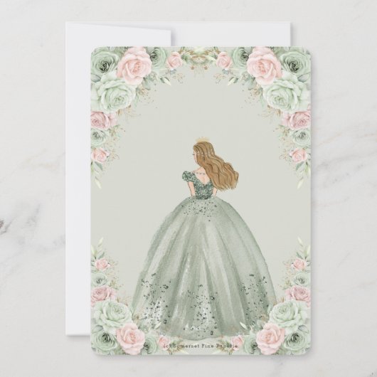 Chique Sage Groene Blush Bloemen Prinses Quinceañe Kaart (Achterkant)
