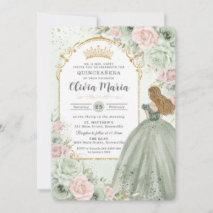 Chique Sage Groene Blush Bloemen Prinses Quinceañe Kaart
