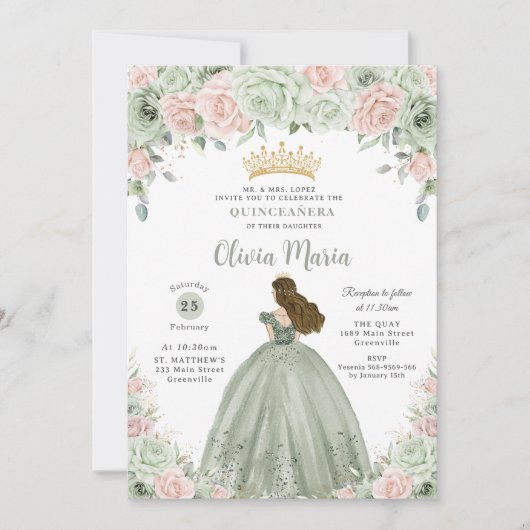 Chique Sage Groene Blush Bloemen Prinses Quinceañe Kaart (Voorkant)
