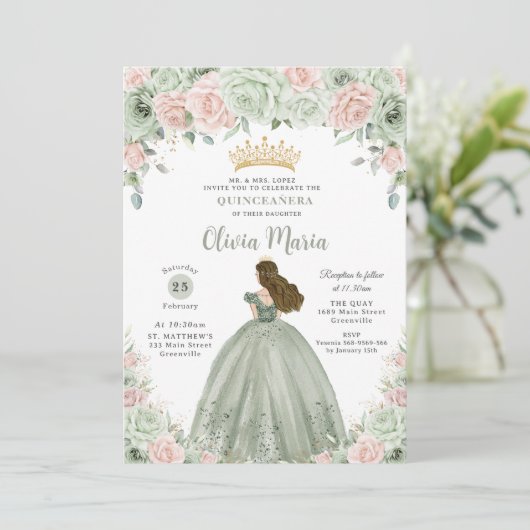 Chique Sage Groene Blush Bloemen Prinses Quinceañe Kaart (Staand voorkant)