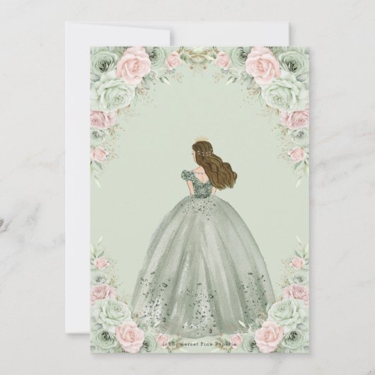 Chique Sage Groene Blush Bloemen Prinses Quinceañe Kaart (Achterkant)