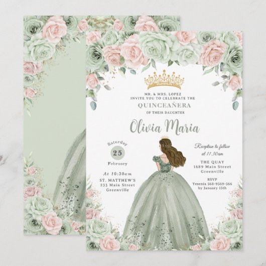 Chique Sage Groene Blush Bloemen Prinses Quinceañe Kaart (Voorkant / Achterkant)