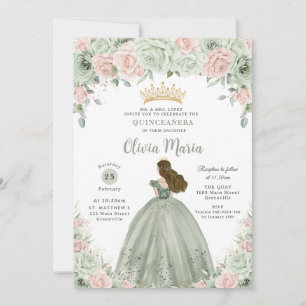 Chique Sage Groene Blush Bloemen Prinses Quinceañe Kaart