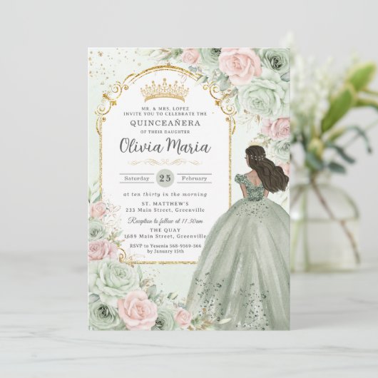 Chique Sage Groene Blush Bloemen Prinses Quinceañe Kaart (Staand voorkant)