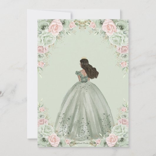 Chique Sage Groene Blush Bloemen Prinses Quinceañe Kaart (Achterkant)