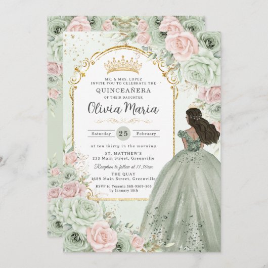 Chique Sage Groene Blush Bloemen Prinses Quinceañe Kaart (Voorkant / Achterkant)
