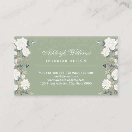 Chique Sage Groene Chinoiserie Bloem Interieur Des Visitekaartje (Achterkant)