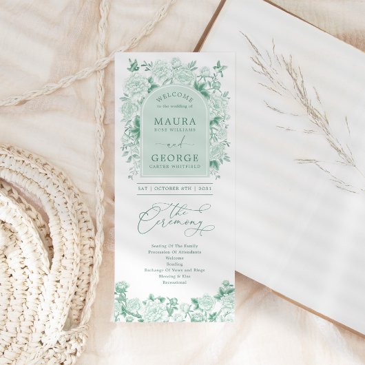 Chique Sage Groene Chinoiserie Bloemen Trouwprogra