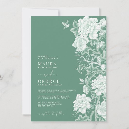 Chique Sage Groene Chinoiserie Bloemtuin Bruiloft Kaart (Voorkant)