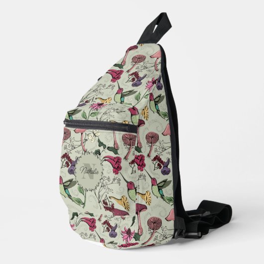 Chique Sage Groene Kolibrie, Bladgroen & Bloemen Sling Bag (Rechterhoek)