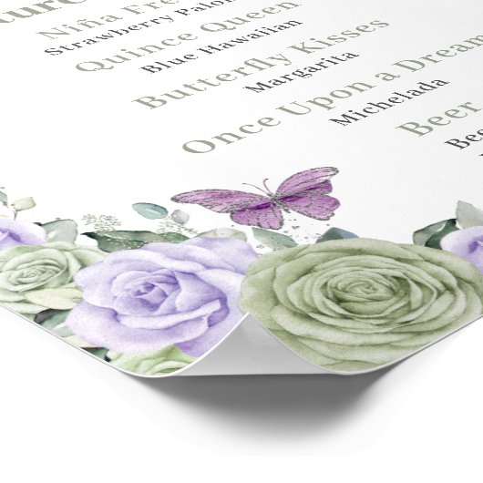 Chique Sage Paarse Bloemen Quinceanera Bar Drink M Poster (Hoek)