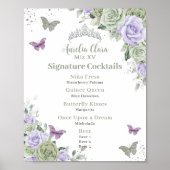 Chique Sage Paarse Bloemen Quinceanera Bar Drink M Poster (Voorkant)