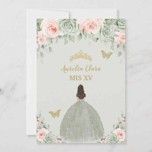 Chique Sagegroene Blush Bloemige Gouden Quinceañer Kaart (Achterkant)