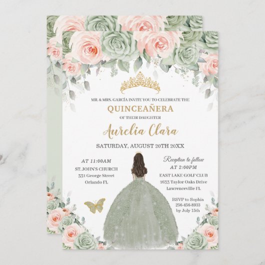 Chique Sagegroene Blush Bloemige Gouden Quinceañer Kaart (Voorkant / Achterkant)