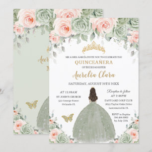 Chique Sagegroene Blush Bloemige Gouden Quinceañer Kaart