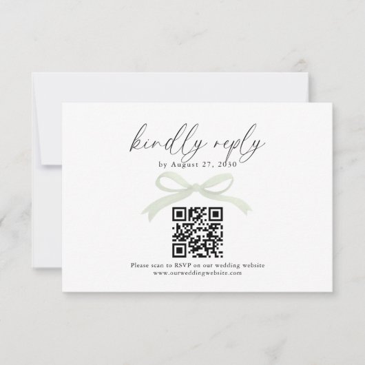 Chique Sagegroene Strik Lint QR Code Huwelijksreac RSVP Kaartje (Voorkant)