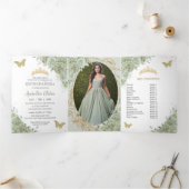 Chique Saliegroen Bloemmotieven Vlinders Quinceañe Drieluik Uitnodiging (Binnen)