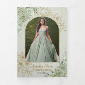 Chique Saliegroen Bloemmotieven Vlinders Quinceañe Drieluik Uitnodiging (Cover)