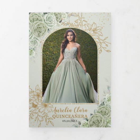 Chique Saliegroen Bloemmotieven Vlinders Quinceañe Drieluik Uitnodiging (Cover)
