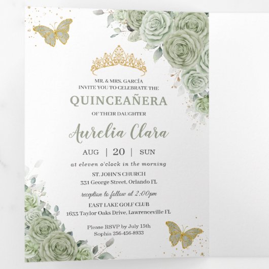 Chique Saliegroen Bloemmotieven Vlinders Quinceañe Drieluik Uitnodiging (Binnenzijde eerst)