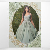 Chique saliegroene bloem vlinders Quinceañera Drieluik Uitnodiging (Binnenkant midden)