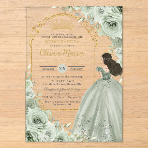 Chique saliegroene bloemrozen prinses Quinceañera Acryl Uitnodigingen