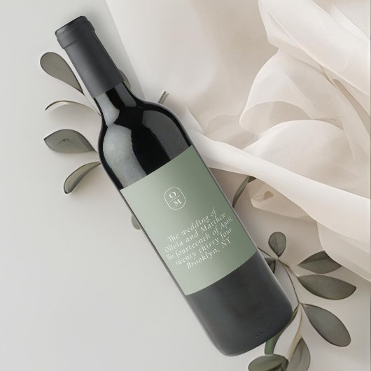 Chique Saliegroene Monogram Huwelijk Wijn Etiket