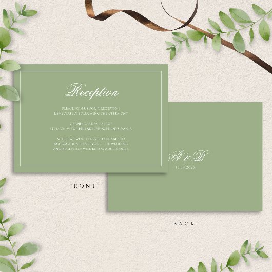 Chique Saliegroene Monogram Script Bruiloftsrecept Informatiekaartje