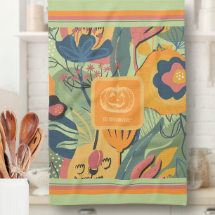 Chique saliegroene mosterd herfst bloemenkleed pom theedoek