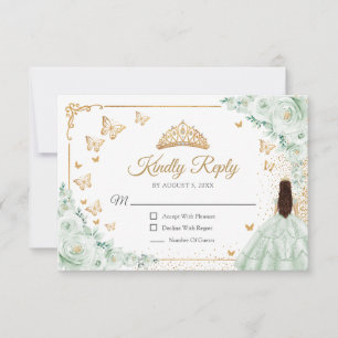 Chique Saliegroene Rozen Gouden Quinceanera Antwoo RSVP Kaartje