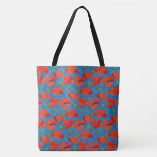 Chique Scarlet Field Poppies Bloemmotief op Blauw Tote Bag