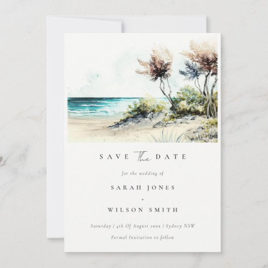 Chique Schemerige Kust Palm Beach Aquarel Zeelands Save The Date (Voorkant)