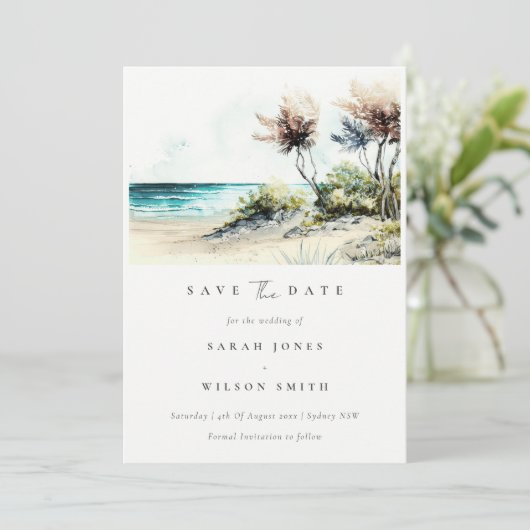 Chique schemerige kust Palm Beach waterverf zeelan Save The Date (Staand voorkant)