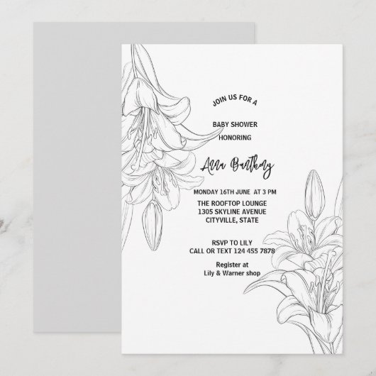 Chique schets lijn tekenen Lily Bloemen baby showe Kaart (Voorkant / Achterkant)