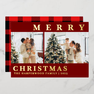 Chique Schotse ruitpatroon 2 foto familie Kerstmis Folie Feestdagenkaart