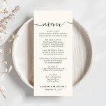 Chique Script Cream Bruiloft Receptie Menu<br><div class="desc">Moderne en chique licht creme bruiloft receptie menu met "menu" in een kalligrafie script met swashes,  uw aangepaste menu in eenvoudige typografie,  uw voornamen vergezeld door een hart en uw ontvangstdatum.</div>